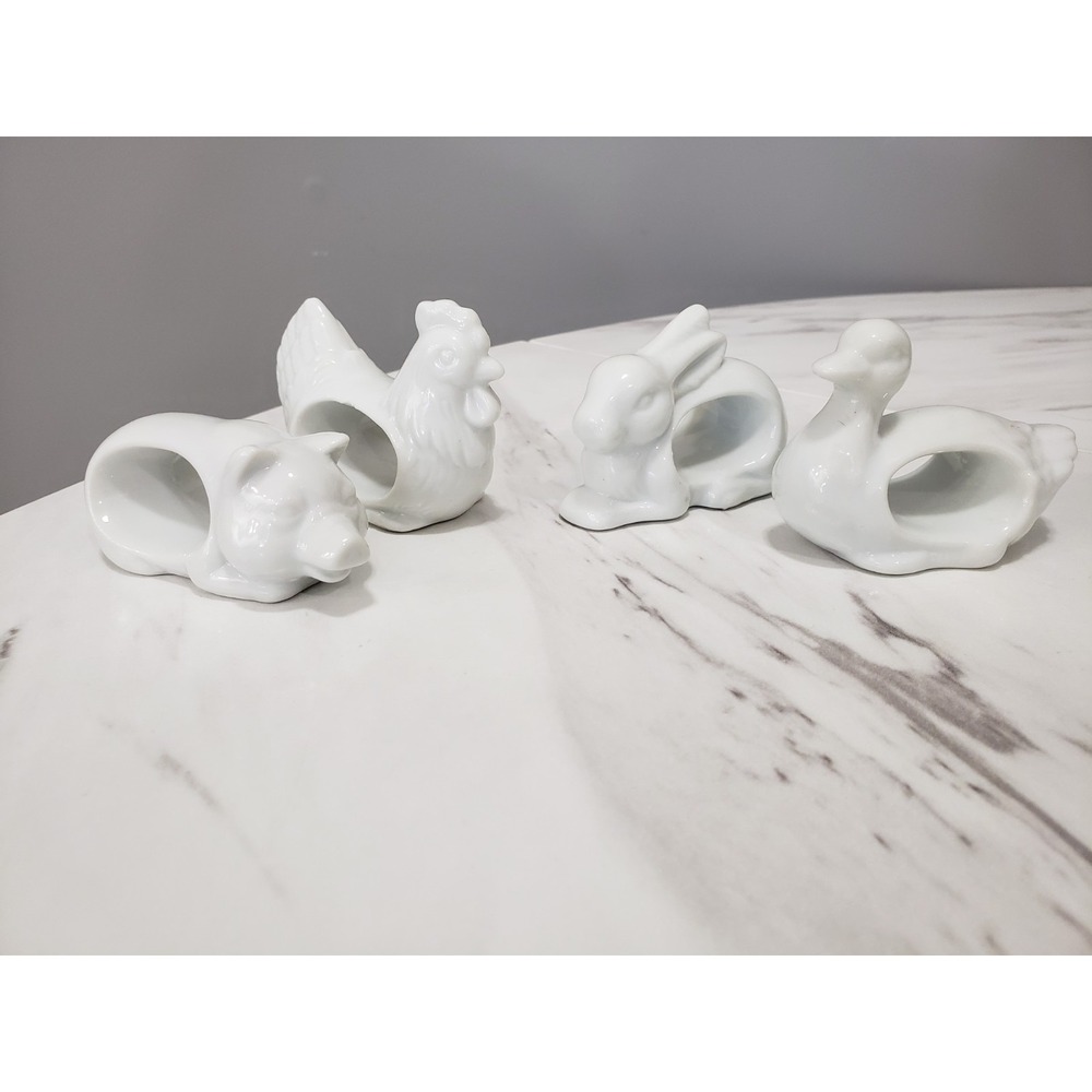 Lot 4 Farmhouse White Ceramic Napkin Rings Barnyard Animals Cottagecore Japan